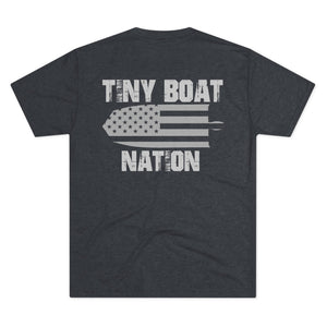 Dark gray t-shirt with 'Tiny Boat Nation' graphic on the back