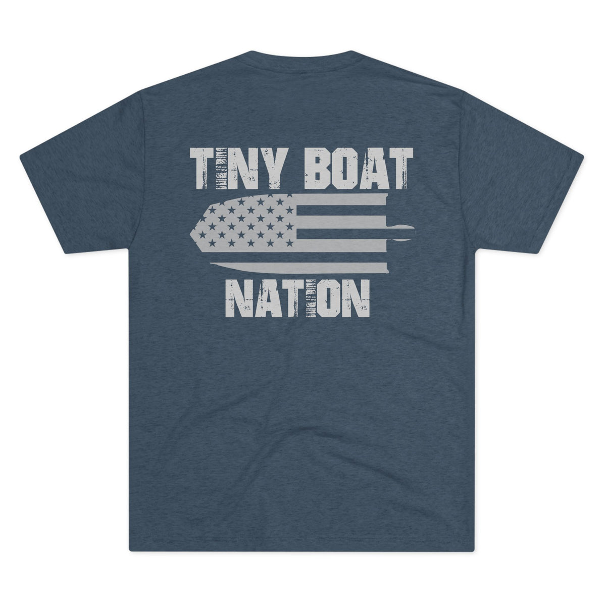 Navy blue t-shirt with 'Tiny Boat Nation' graphic on a white background