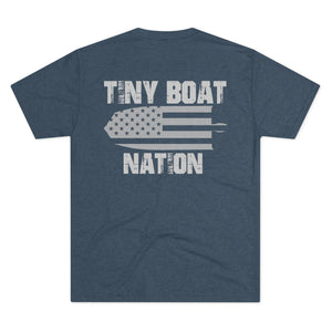Navy blue t-shirt with 'Tiny Boat Nation' graphic on a white background