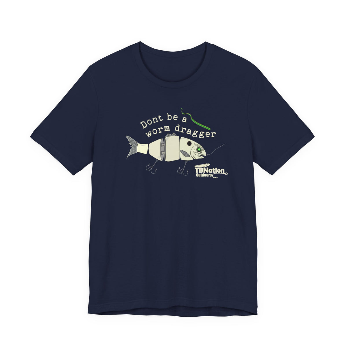 Navy blue t-shirt with fishing graphic and text on a white background