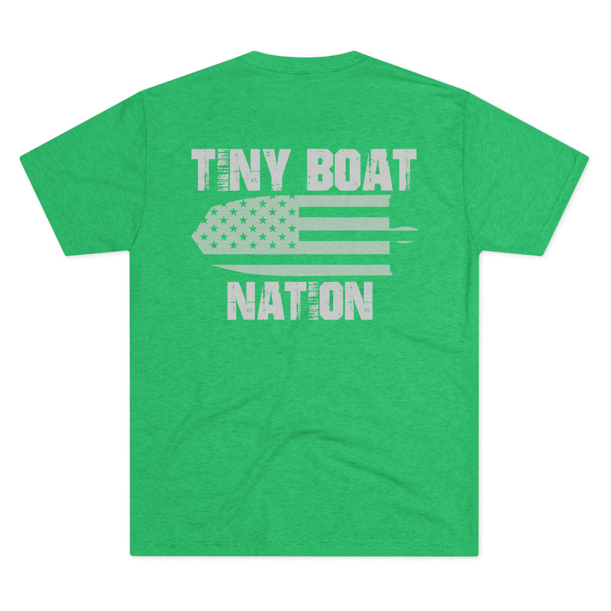 Green t-shirt with 'Tiny Boat Nation' text and graphic on a white background