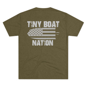 Olive green t-shirt with 'Tiny Boat Nation' graphic on the back