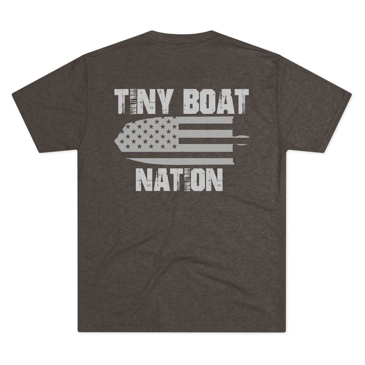 Dark gray t-shirt with 'Tiny Boat Nation' graphic on a white background