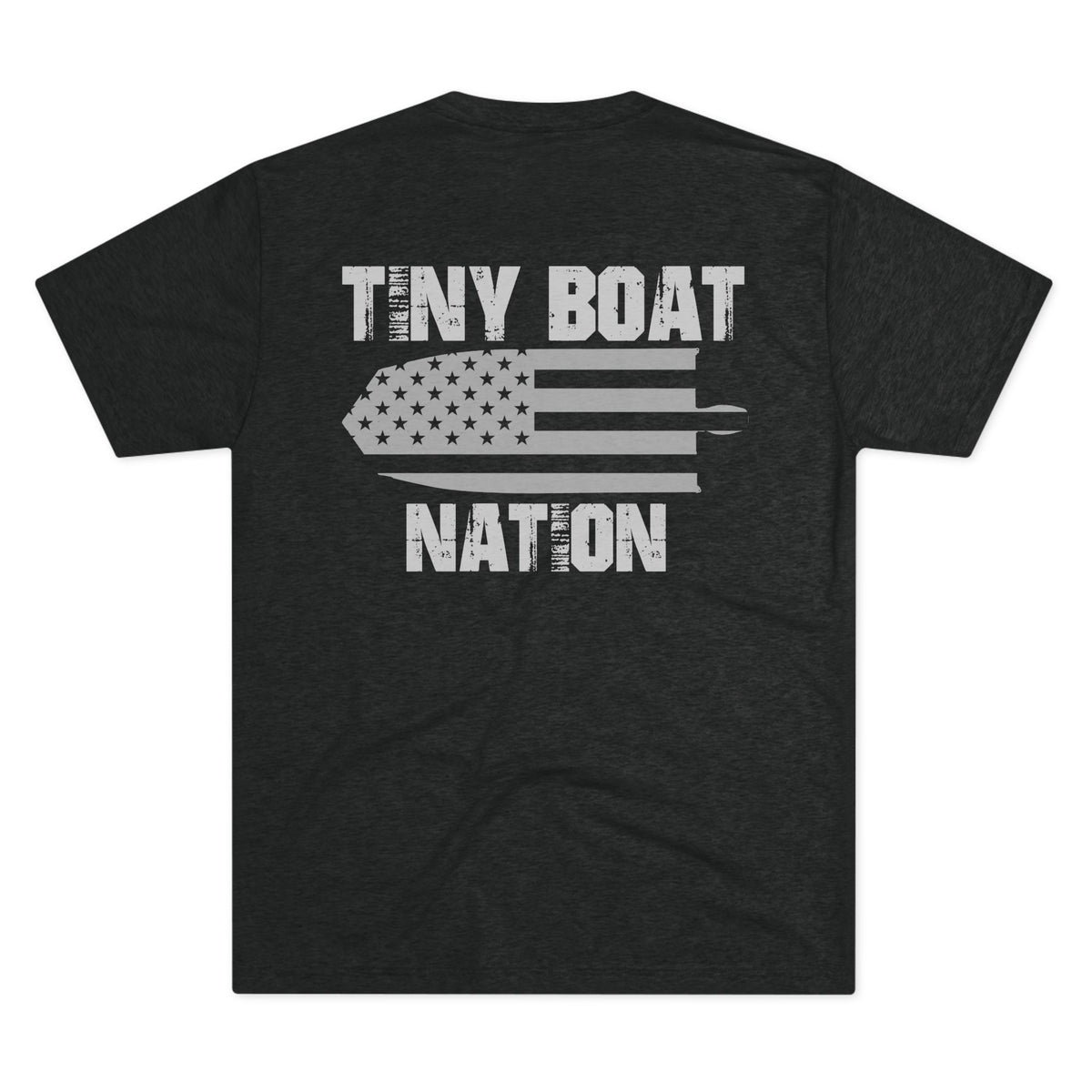Black t-shirt with 'Tiny Boat Nation' graphic on the back