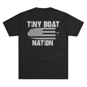 Black t-shirt with 'Tiny Boat Nation' graphic on the back
