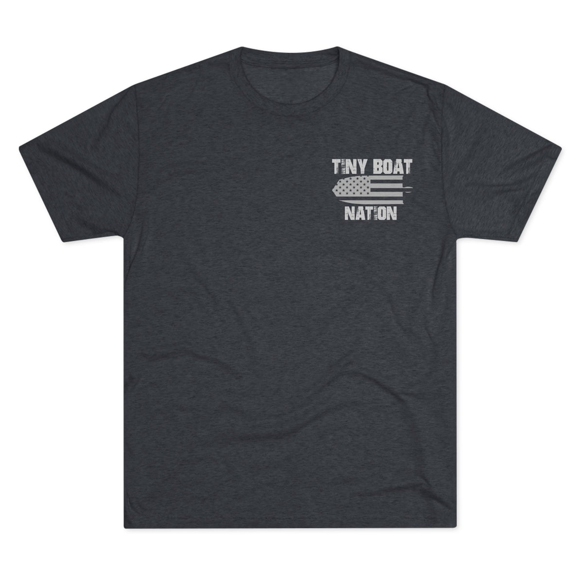 Dark gray t-shirt with 'Tiny Boat Nation' text and logo on a white background