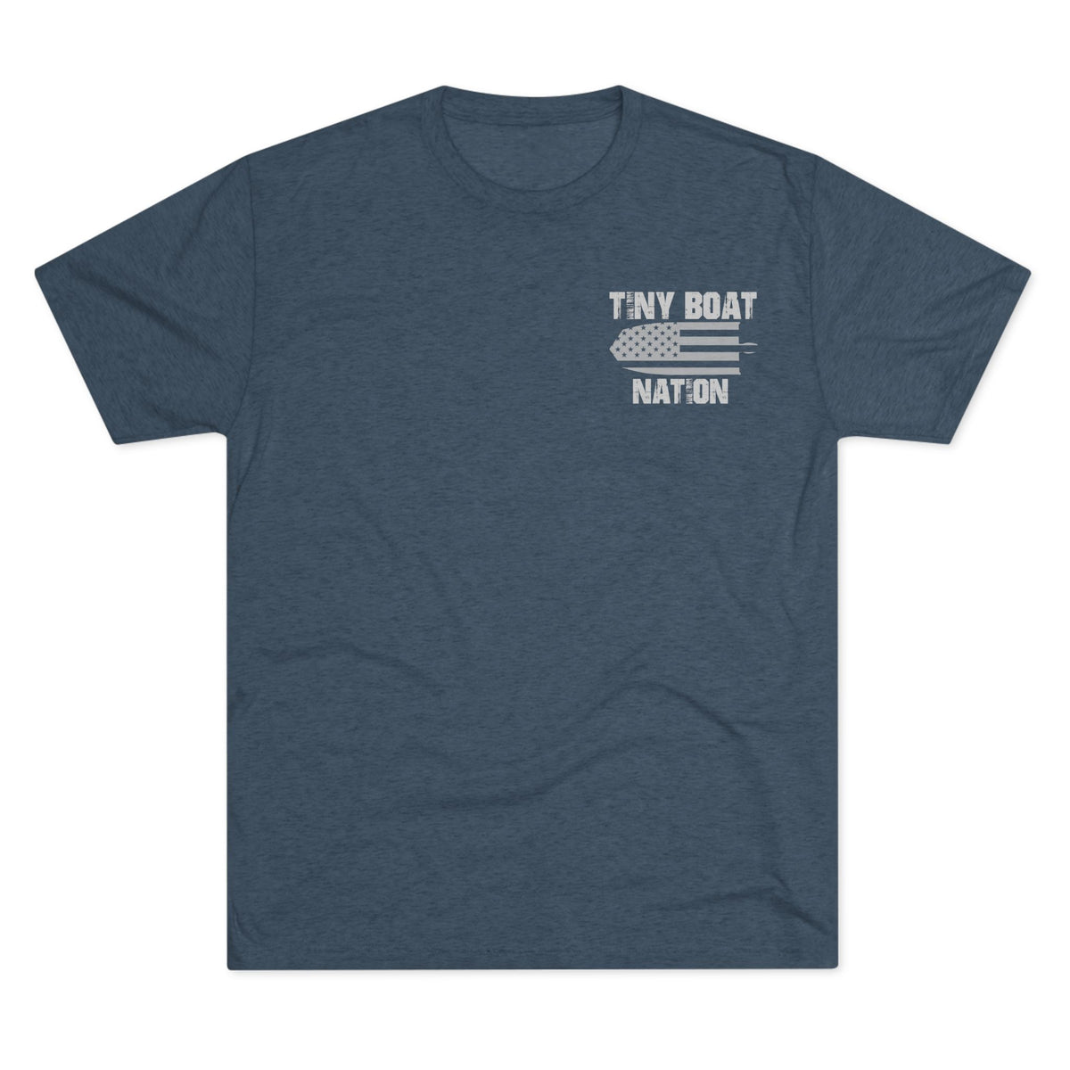 Blue t-shirt with 'Tiny Boat Nation' text and graphic on a white background