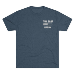 Blue t-shirt with 'Tiny Boat Nation' text and graphic on a white background