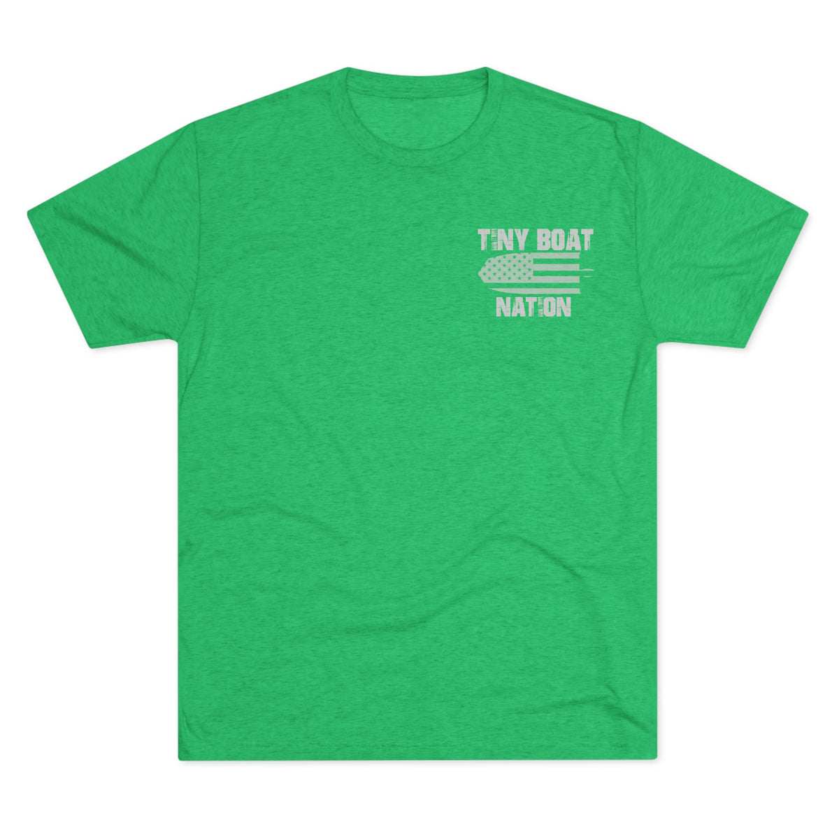 Green t-shirt with 'Tiny Boat Nation' text on a white background