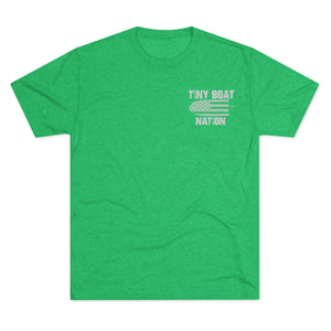 Green t-shirt with 'Tiny Boat Nation' text on a white background