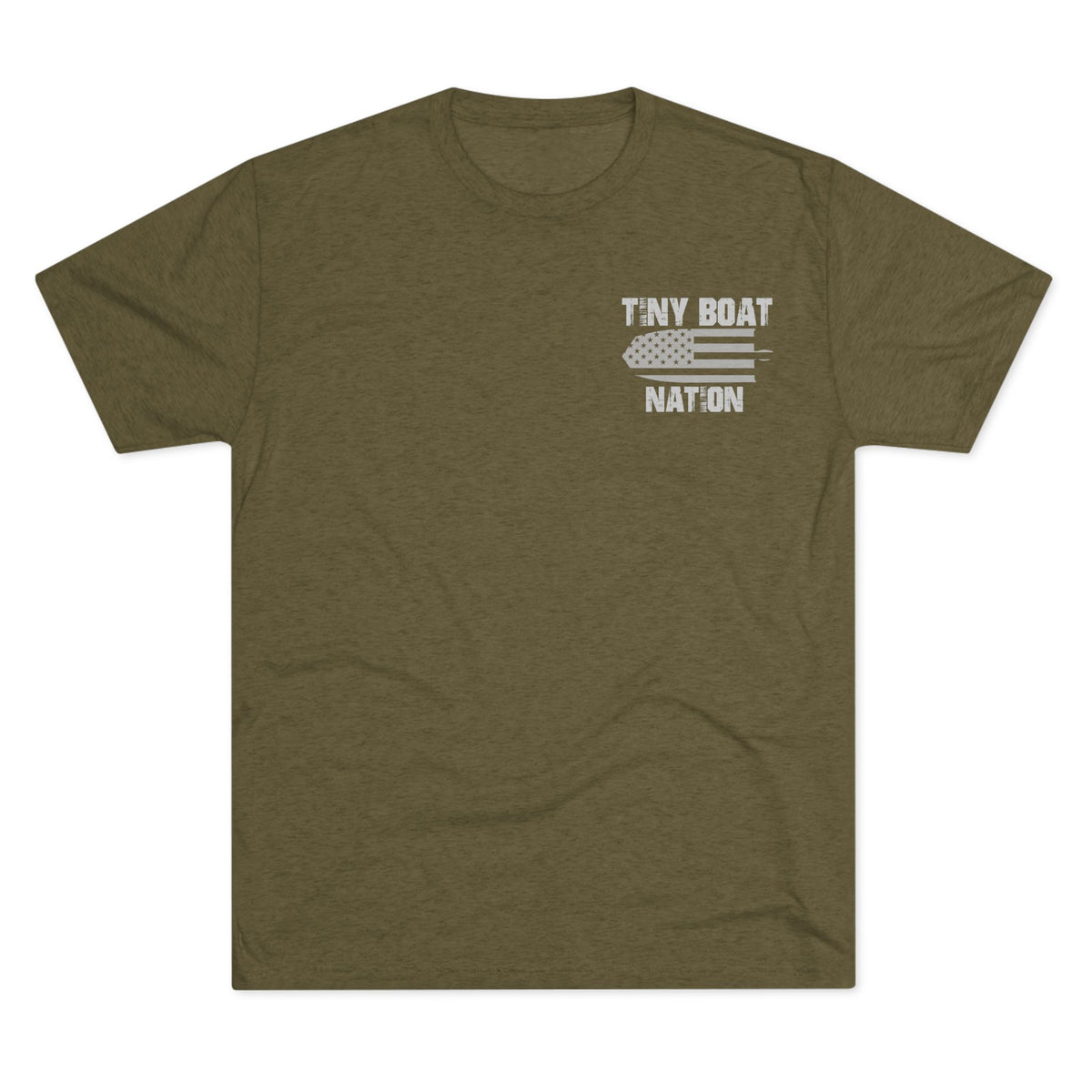 Green t-shirt with 'Tiny Boat Nation' logo on a white background