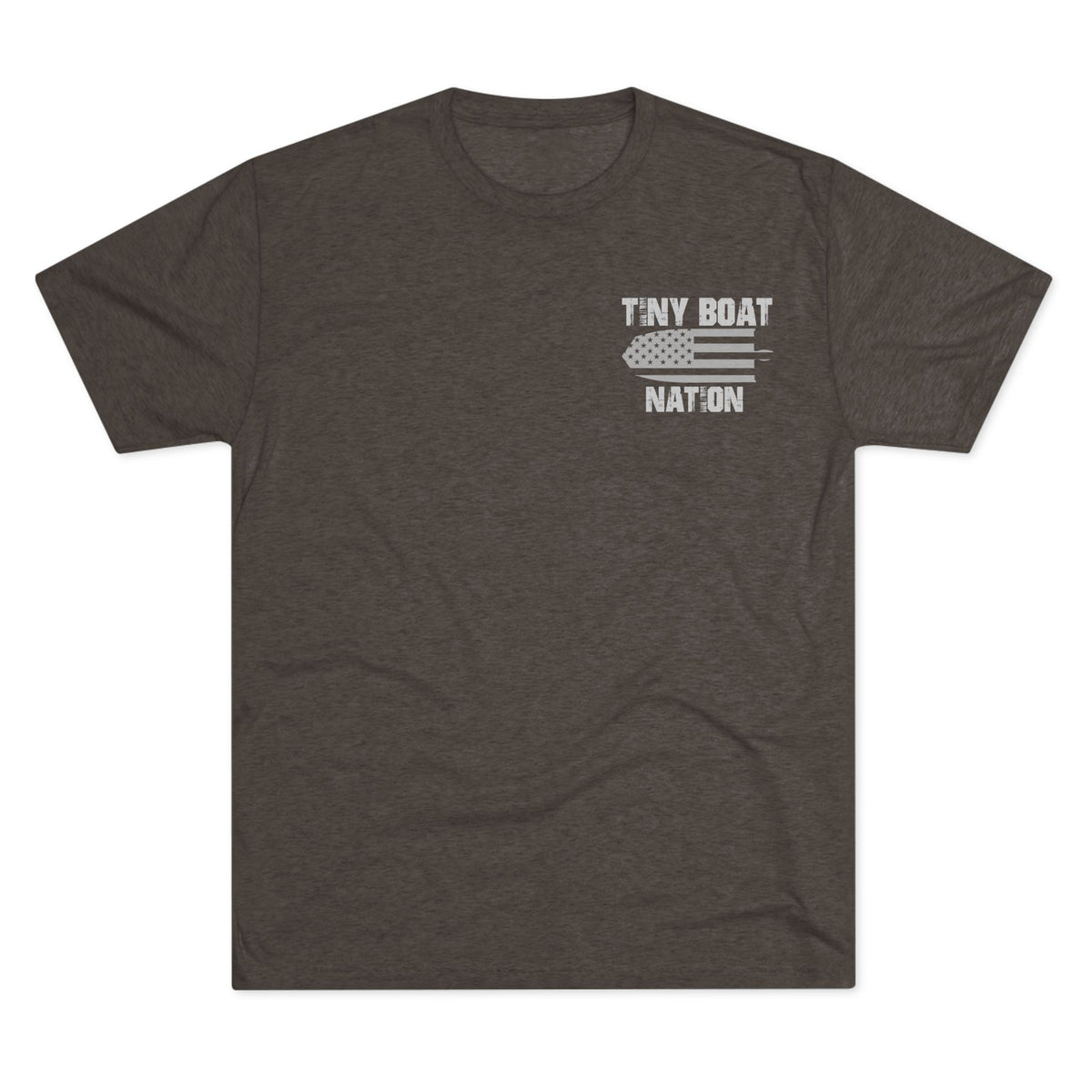 Dark gray t-shirt with 'Tiny Boat Nation' logo on a white background