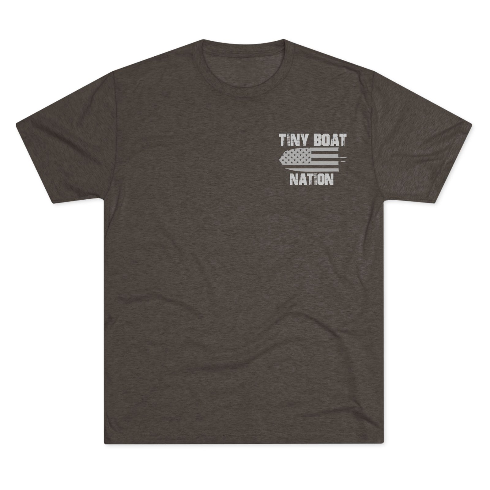 Black t-shirt with 'Tiny Boat Nation' logo on a white background