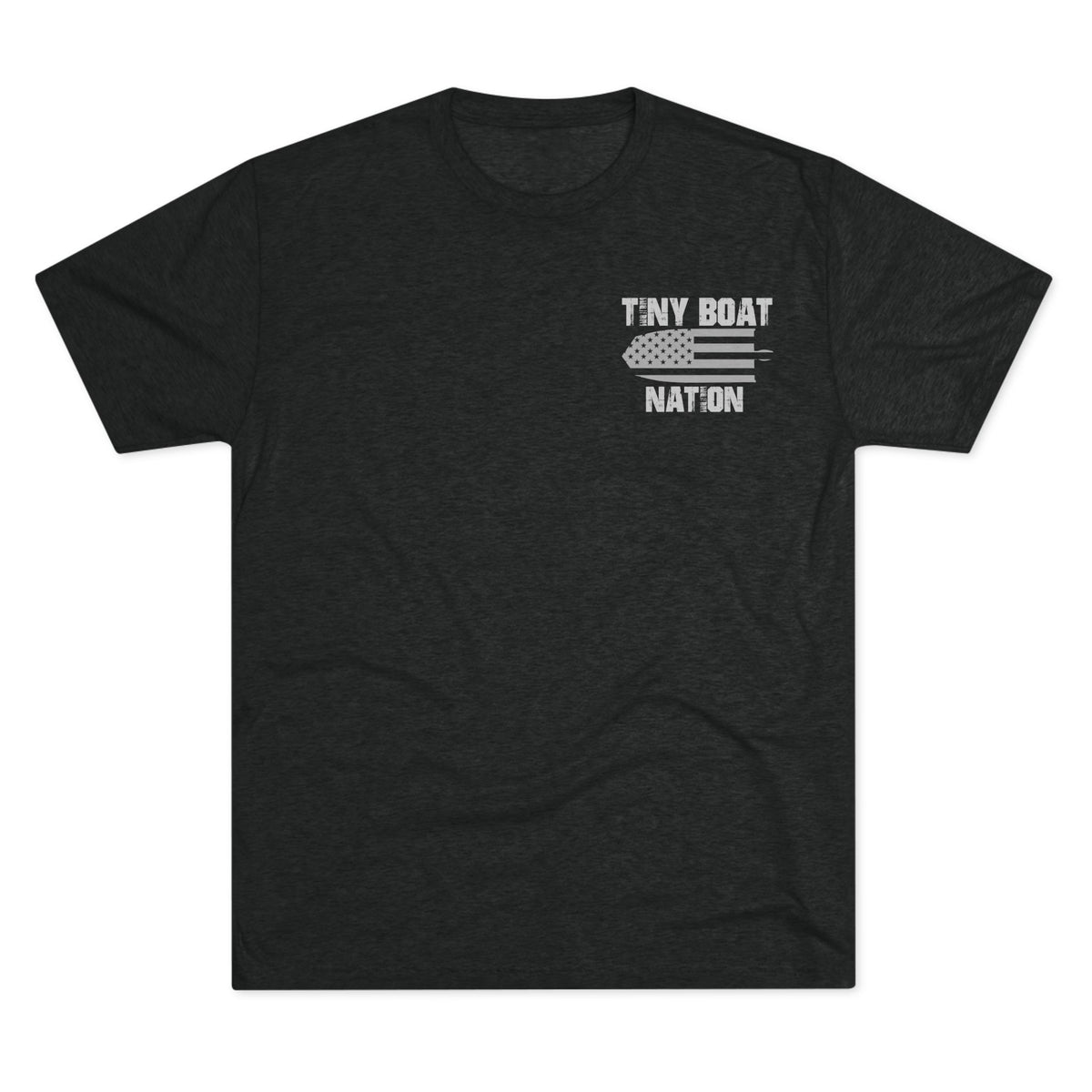 Black t-shirt with 'Tiny Boat Nation' logo on a white background