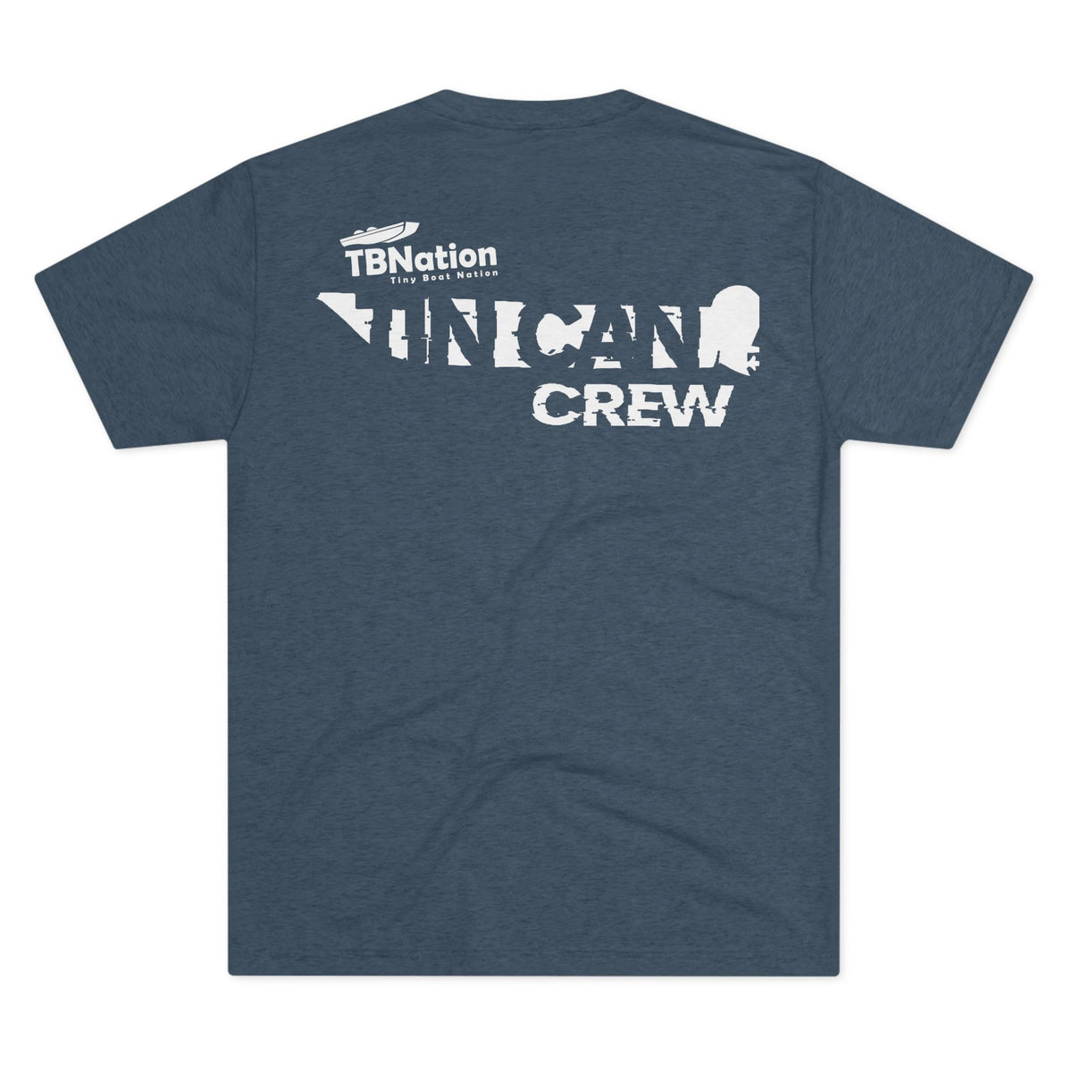 Navy t-shirt with white text and logo on a white background