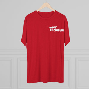 Red t-shirt with 'TBNation' logo on a wooden hanger against a gray background
