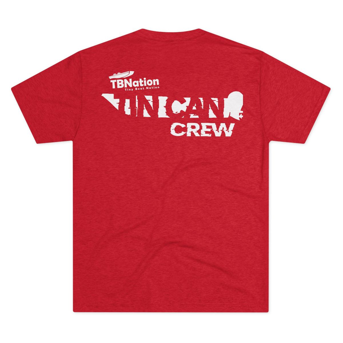 Red t-shirt with white text on the back on a white background