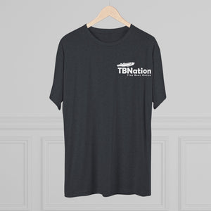 Black t-shirt with 'TBNation' logo on a hanger against a gray background