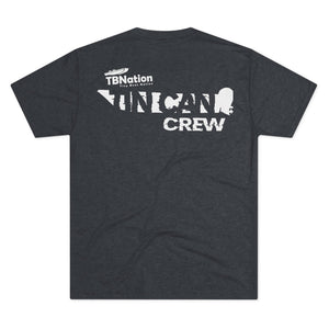 Black t-shirt with white text on the back on a white background