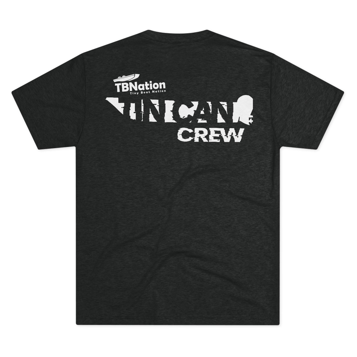 Black t-shirt with white text on the back on a white background