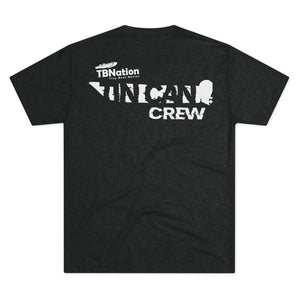 Black t-shirt with white text on the back on a white background