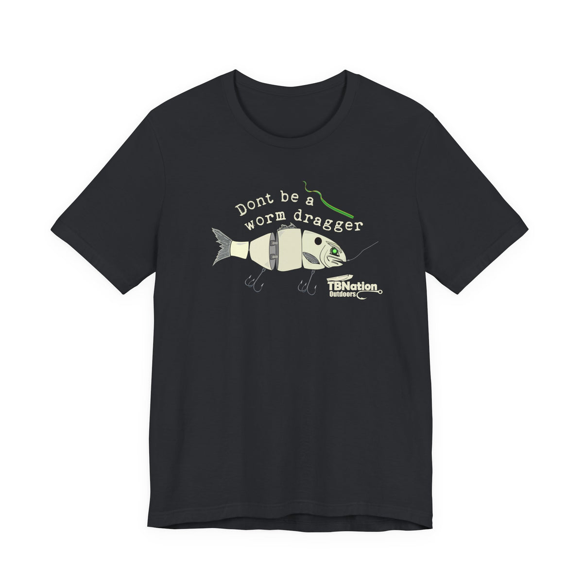 Black t-shirt with fishing graphic and text on a white background