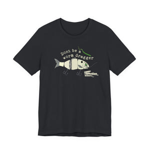 Black t-shirt with fishing graphic and text on a white background