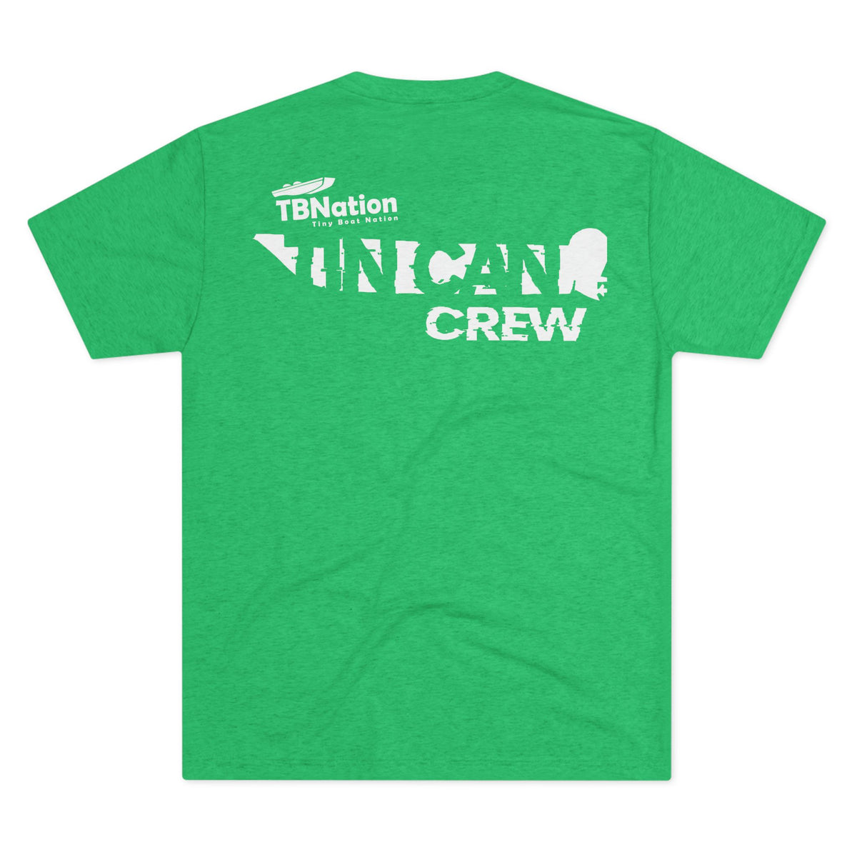 Green t-shirt with white text on the back on a white background