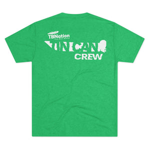 Green t-shirt with white text on the back on a white background