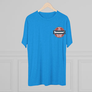 Blue t-shirt with a logo on a hanger against a gray background