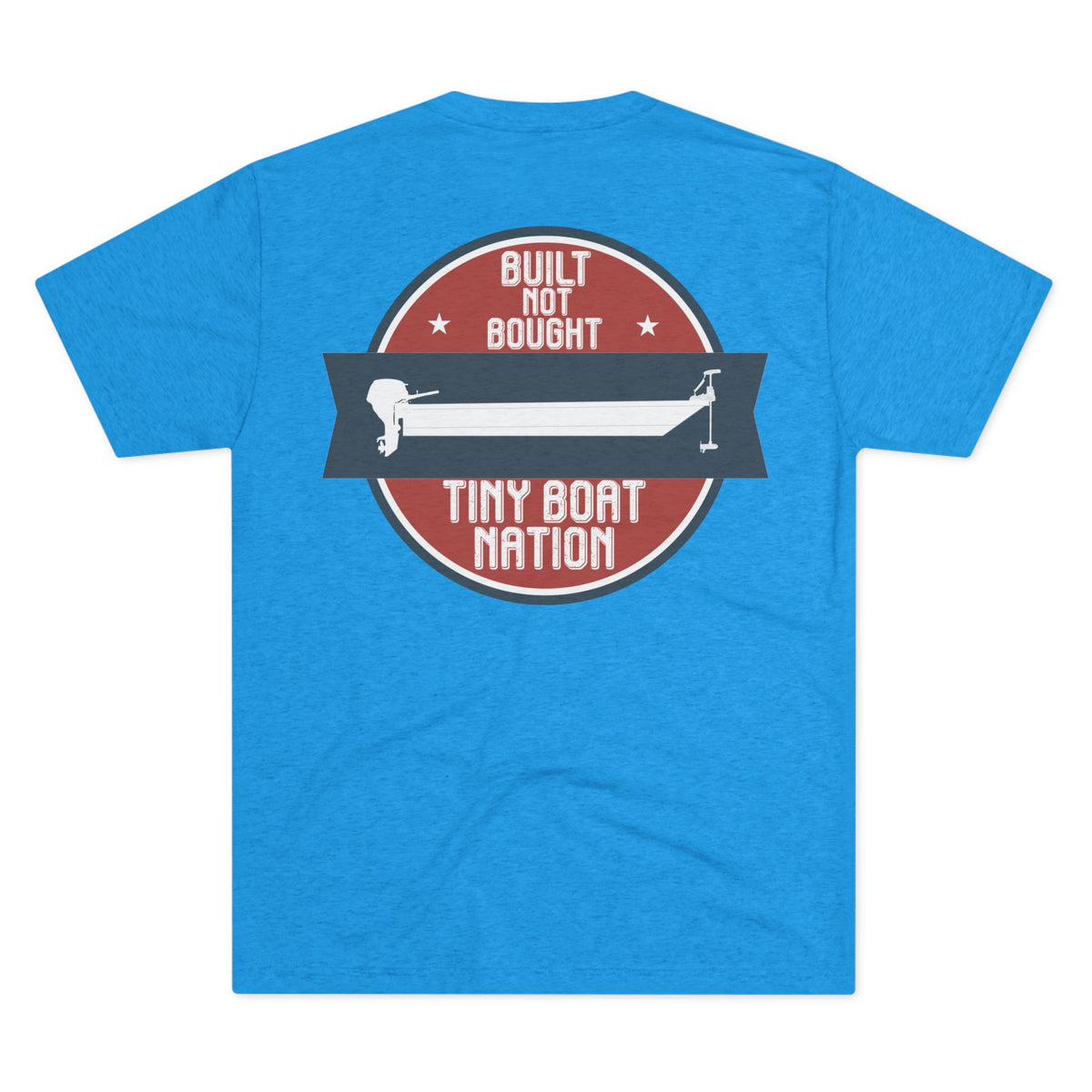 Blue t-shirt with a graphic design on the back featuring text and a boat illustration.