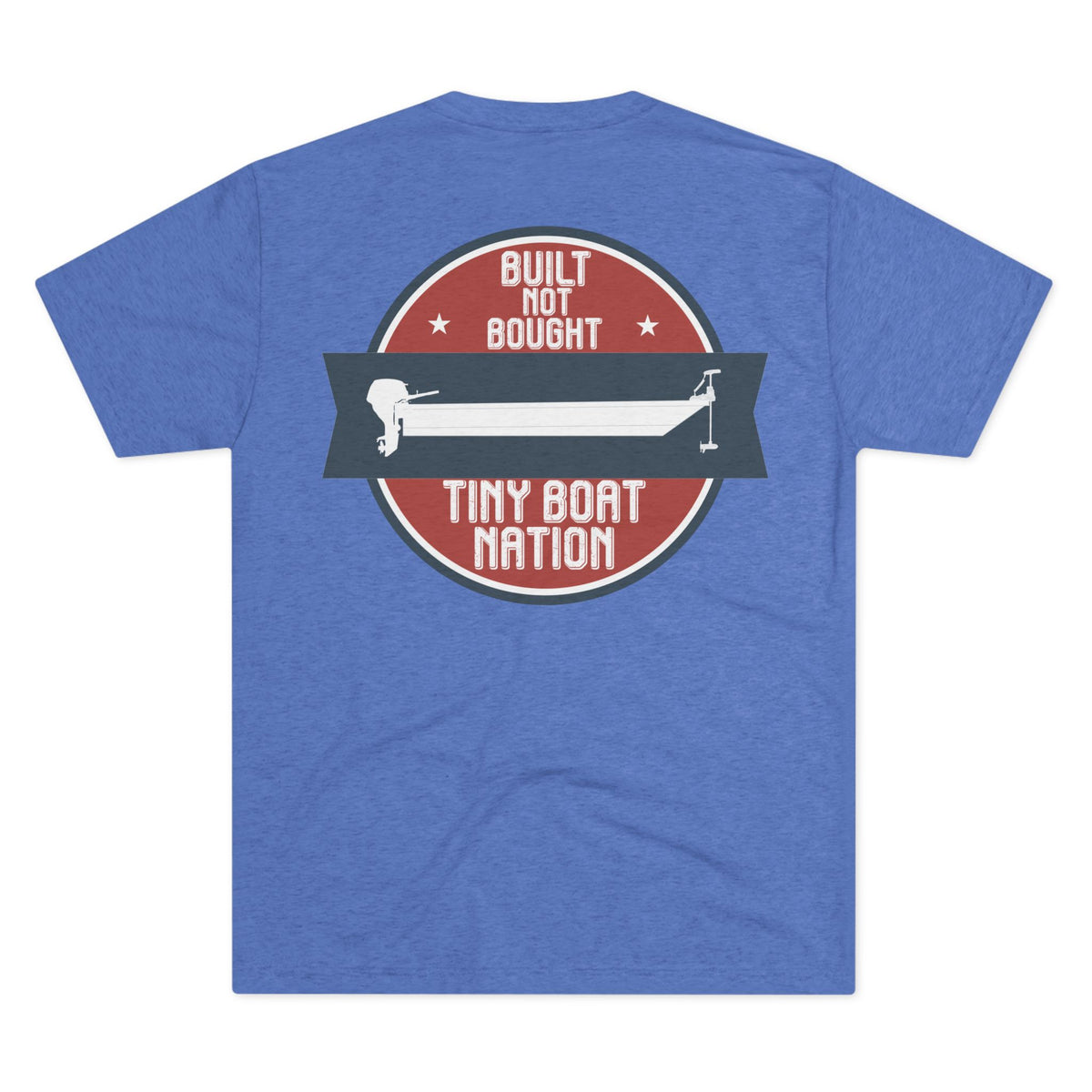 Blue t-shirt with a graphic design on the back featuring text and a boat illustration.