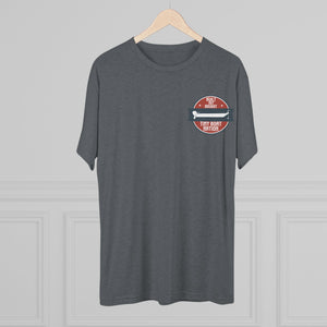 Gray t-shirt with a graphic design on a wooden hanger against a gray background