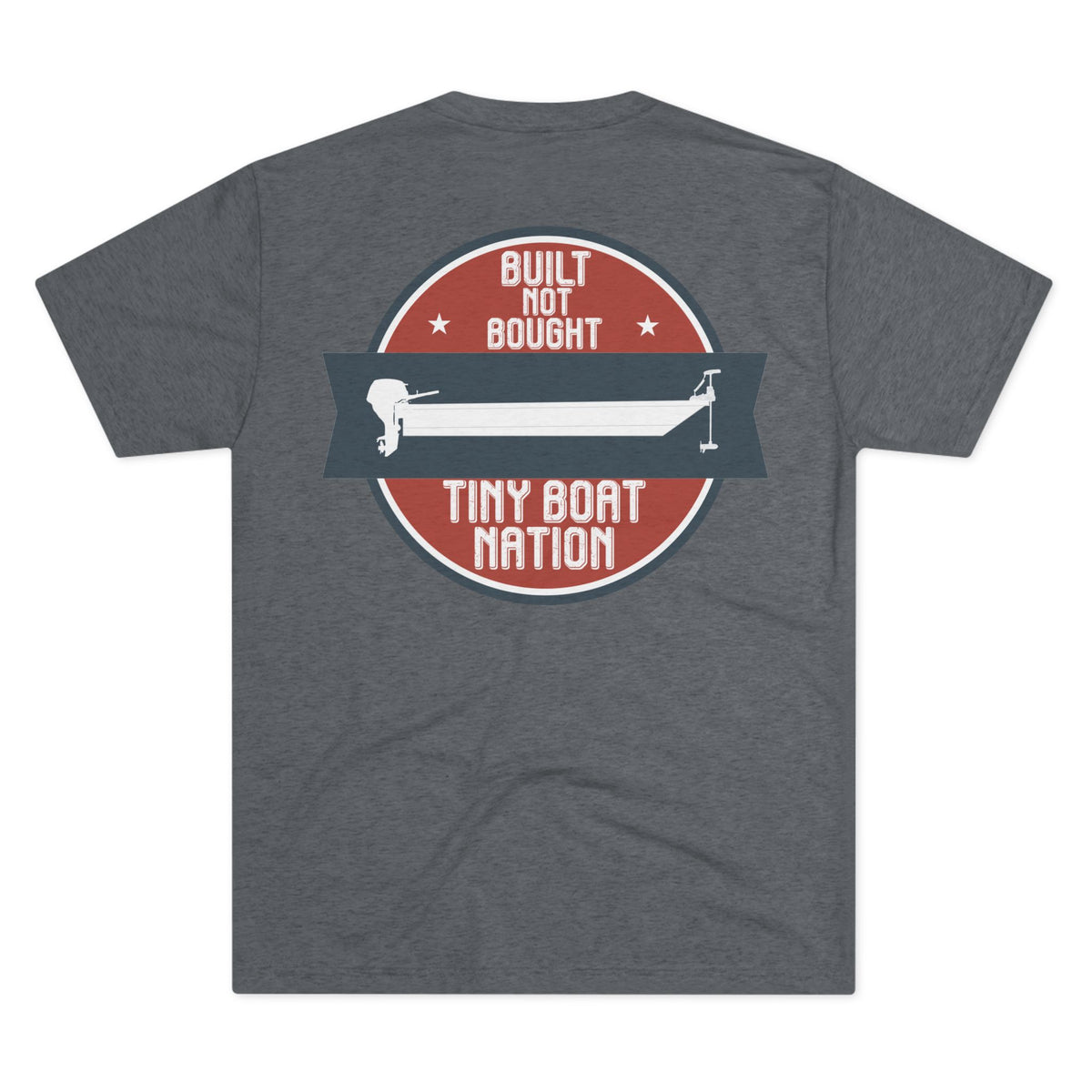 Gray t-shirt with a graphic design on the back featuring text and an illustration of a boat.
