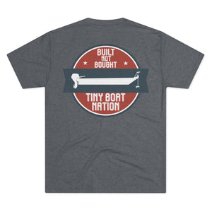 Gray t-shirt with a graphic design on the back featuring text and an illustration of a boat.