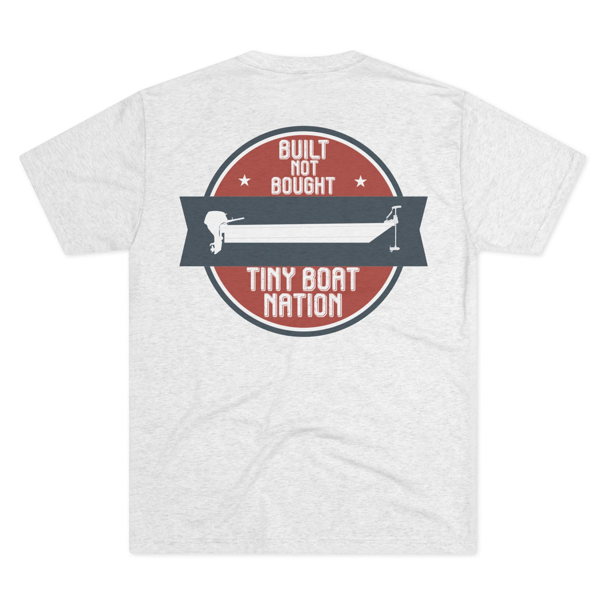 White t-shirt with a graphic design on the back featuring text and a boat illustration.
