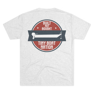 White t-shirt with a graphic design on the back featuring text and a boat illustration.