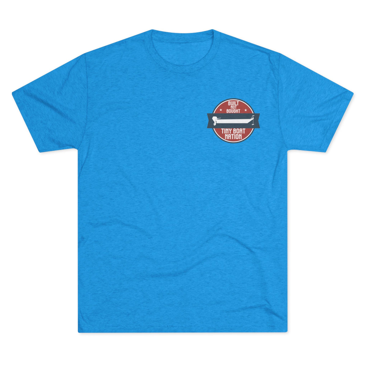 Blue t-shirt with a logo on the chest against a white background