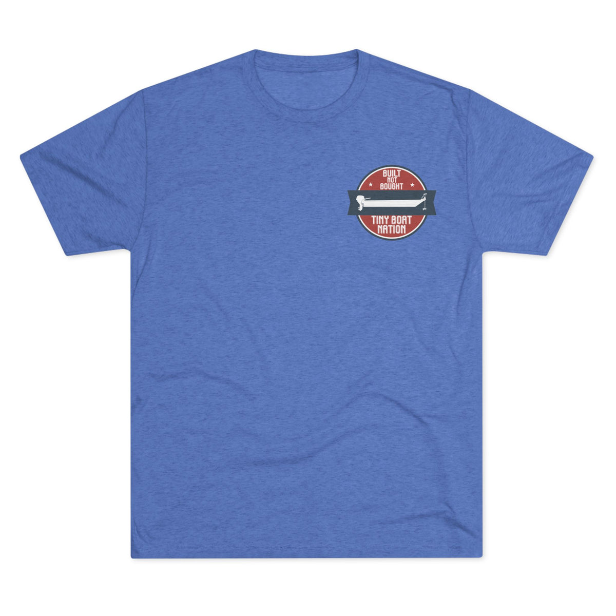 Blue t-shirt with a graphic design on a white background