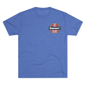 Blue t-shirt with a graphic design on a white background