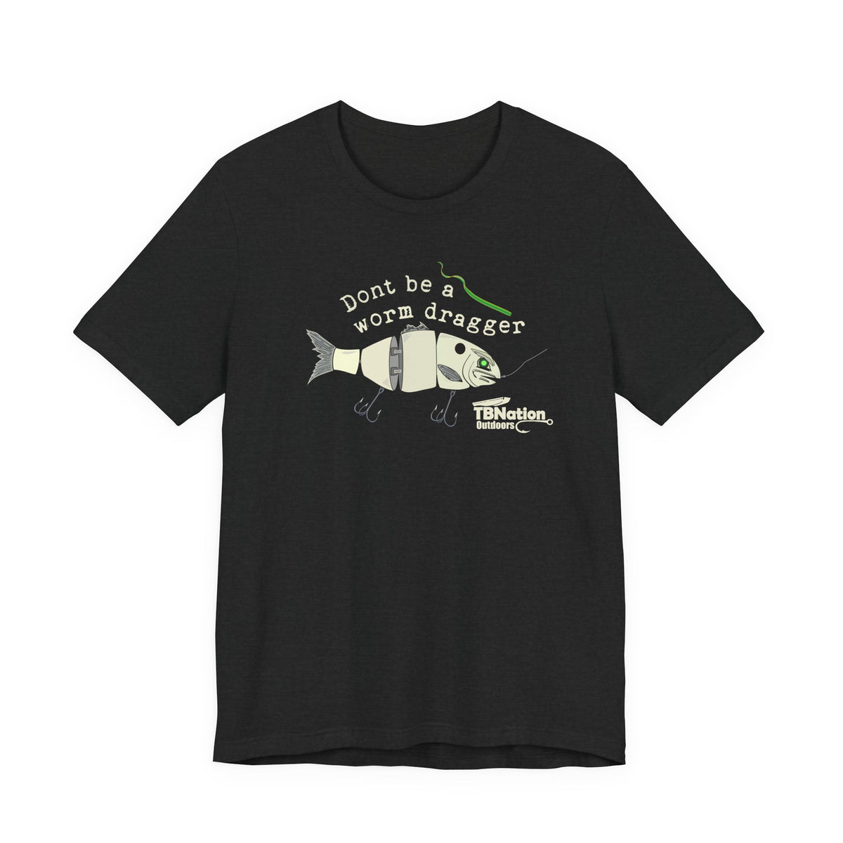 Black t-shirt with fishing graphic and text on a white background