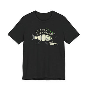 Black t-shirt with fishing graphic and text on a white background
