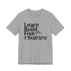 Gray t-shirt with black text and fish graphic on a white background