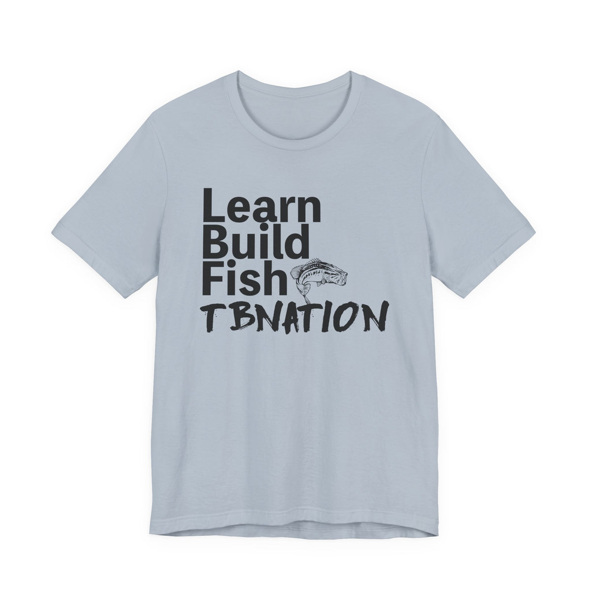 Light blue t-shirt with black text and fish graphic on a white background