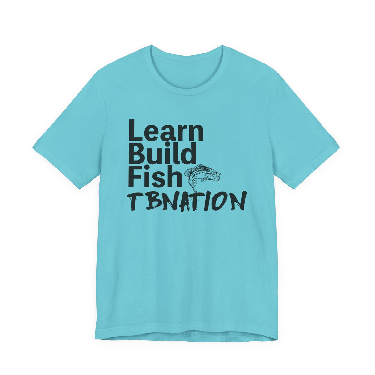 Light blue t-shirt with black text and fish graphic on a white background