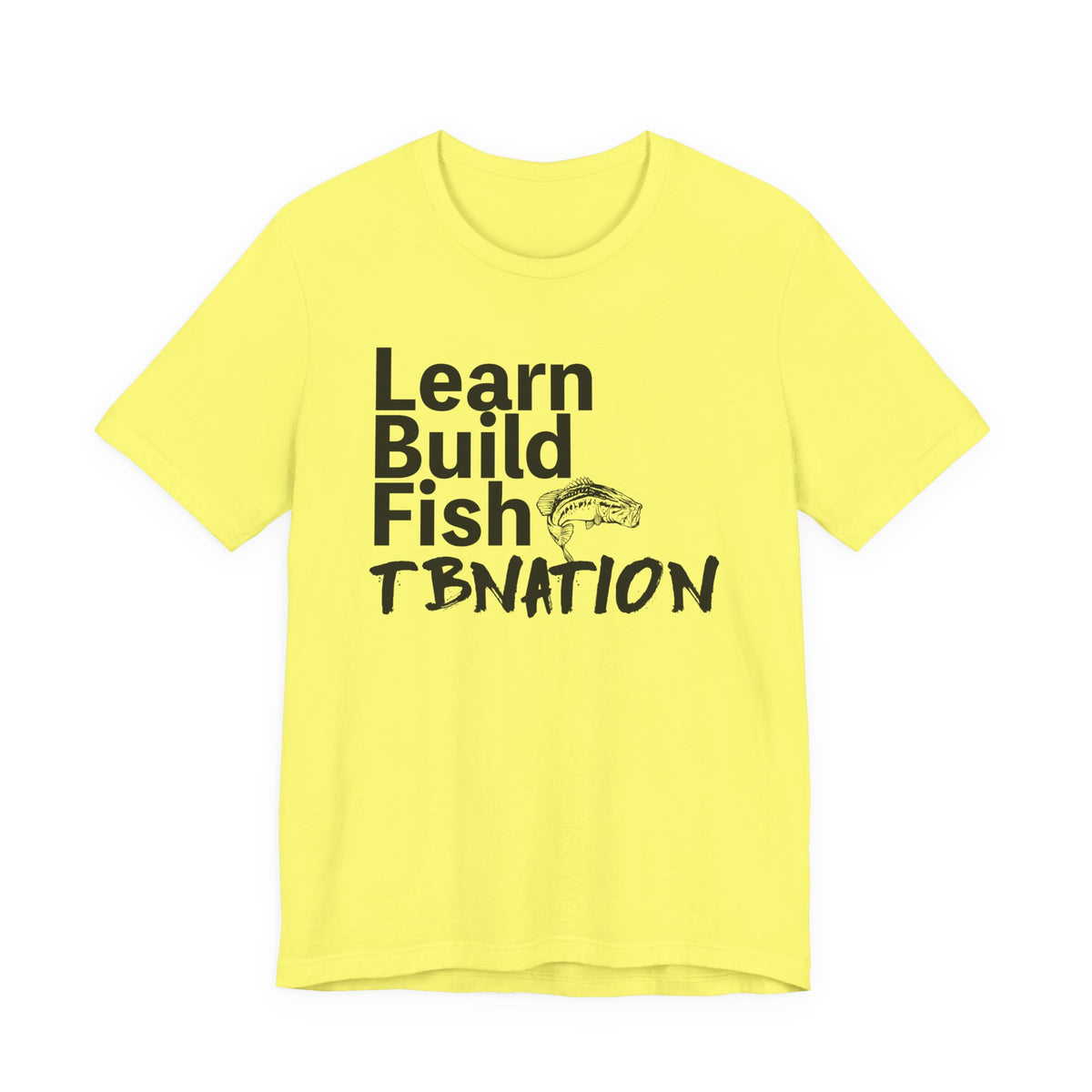 Yellow t-shirt with black text and fish graphic on a white background