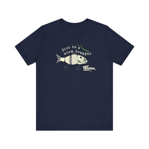 Navy blue t-shirt with fishing graphic and text on a white background