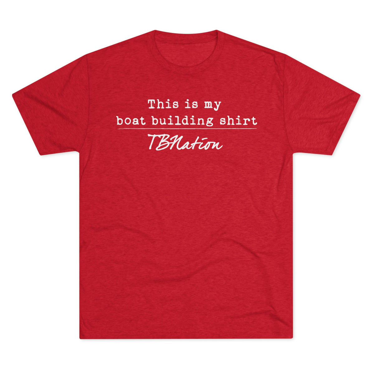 Red t-shirt with white text on a white background