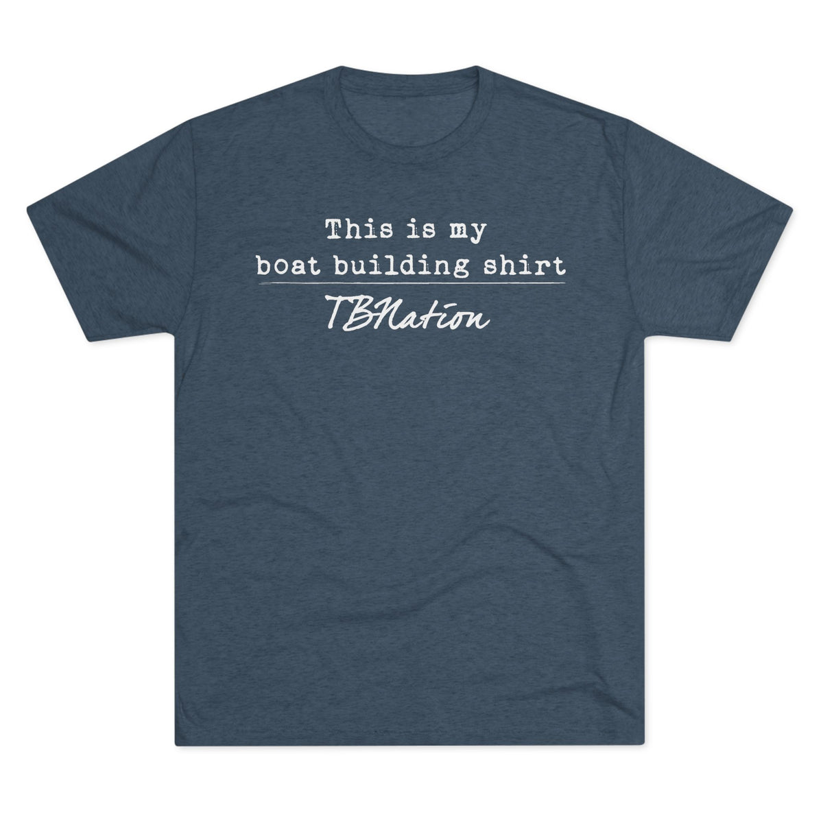 Blue t-shirt with white text on a white background