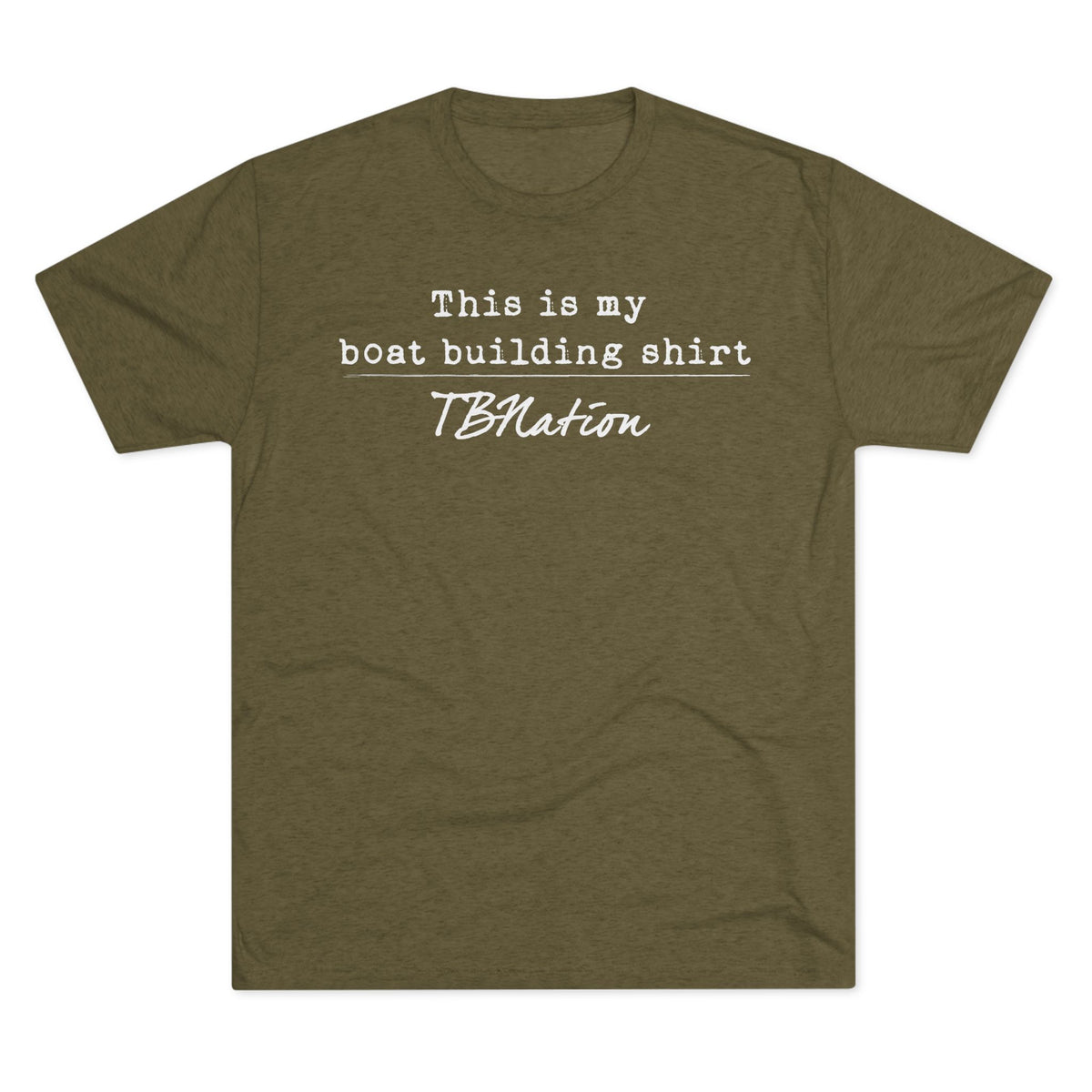Green t-shirt with white text on a white background